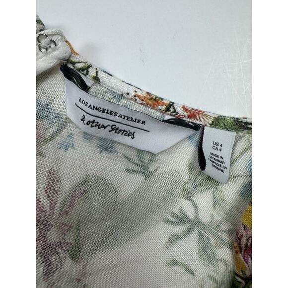 Dainty Floral Mini Dress linen floral Botanical Print Puff Sleeve 4 XS - Picture 11 of 16